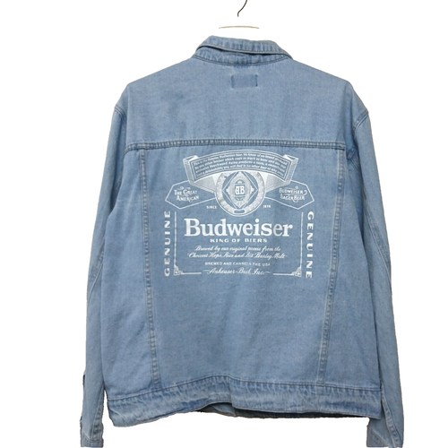 VTG Budweiser Denim Jean Jacket Size Large Trucker Logo Cotton Button Up Unworn