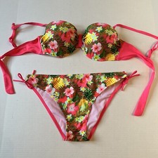 Swimwear Swim Suit Bikini Size M-L/42 Neon Pink Tropical Floral Lined