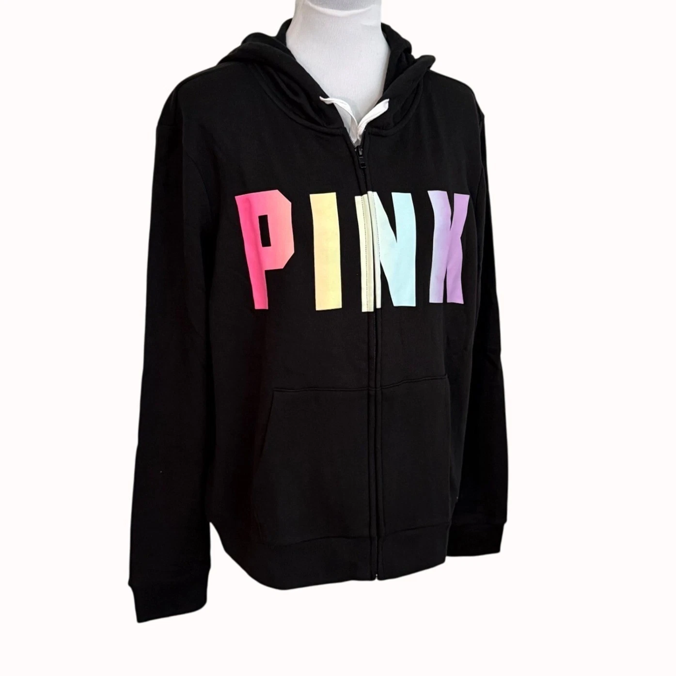 UNDERCOVER Giacca con cappuccio rosa Victorias Secret nera taglia XL lettere arcobaleno zip spellout