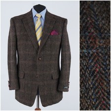 Mens Check HARRIS TWEED Jacket 46R US Size Brown Wool Sport Coat Blazer