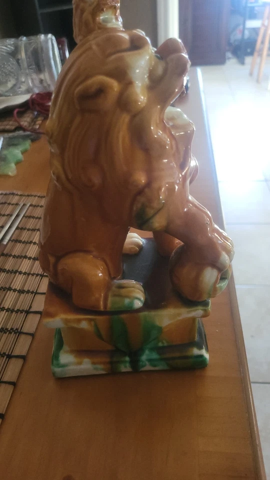 VTG 10" Chinese Green Brown  Glaze FOO DOG LION Dragon Palace Buddhist Figure - Image 3 of 4