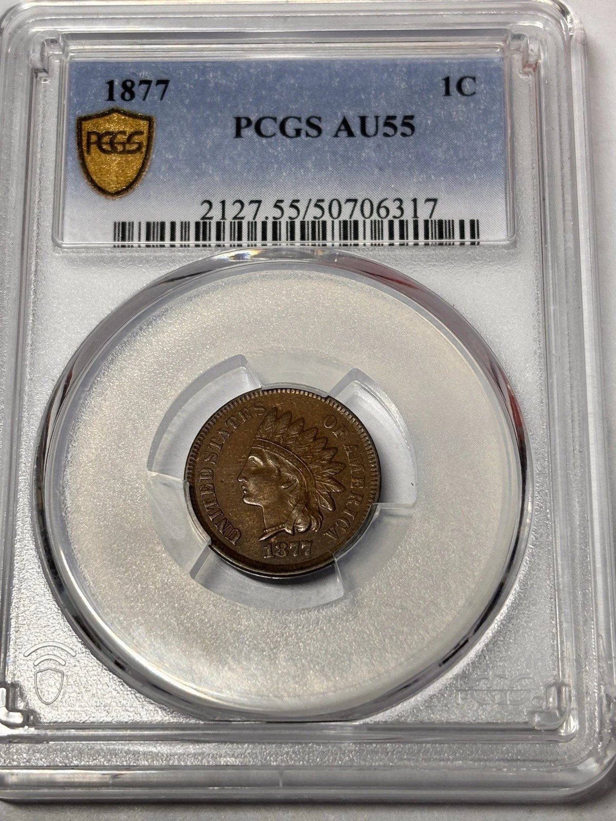 1877 INDIAN HEAD CENT PCGS AU55 RARE KEY DATE~PQ COIN. Very Nice Brown Color!!