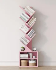 6 Tier Tree Bookshelf, Tall Bookcase with Storage Cabinet, Modern Narrow Book...