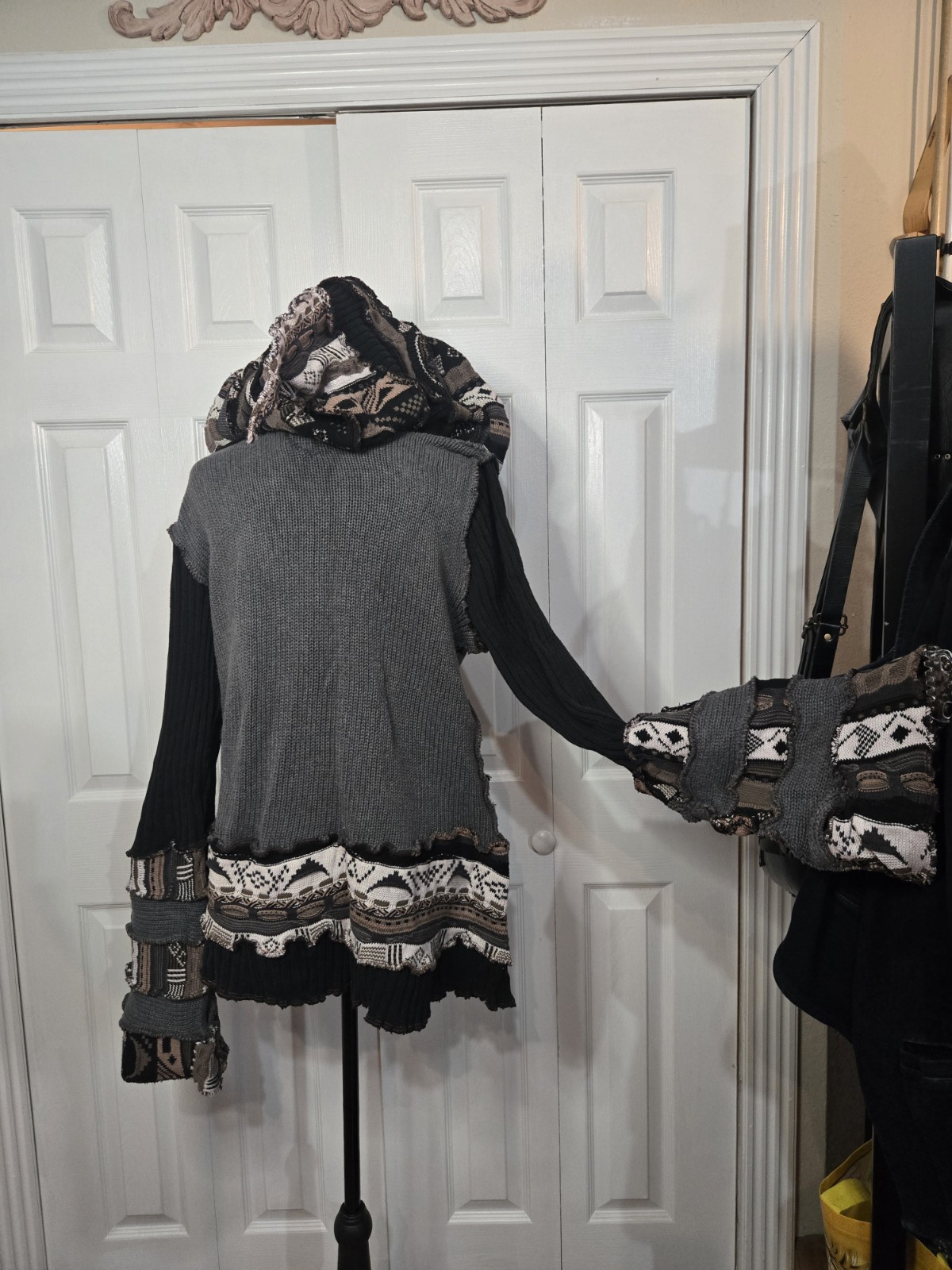 Katwise Upcycled Patchwork Hooded Ruffle Knit Swe… - image 3
