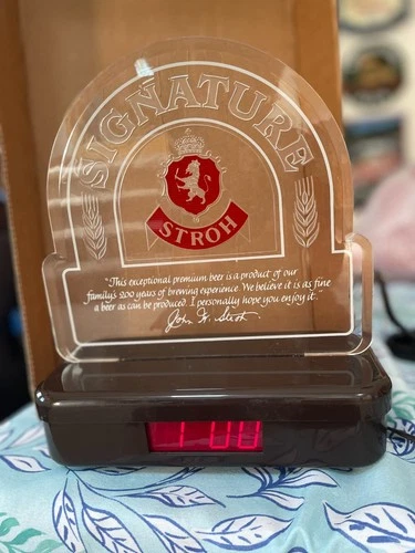 Vtg Signature Strohs Beer Acrylic Light Up Bar Sign & Digital Clock - Works