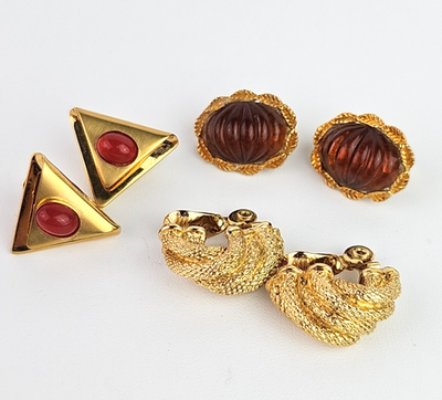 #ad Kramer Monet Marvella Clip Earrings Lot Gold Tone Faux Amber Vintage $34.99
