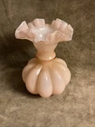 Vintage 1940S Fenton Art Glass Pink Overlay Melon, Rib, Squat, Shape, Vase