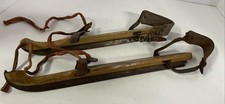 Antique Vintage Ice Skates Wood  Metal W/ Leather Straps 15  Long