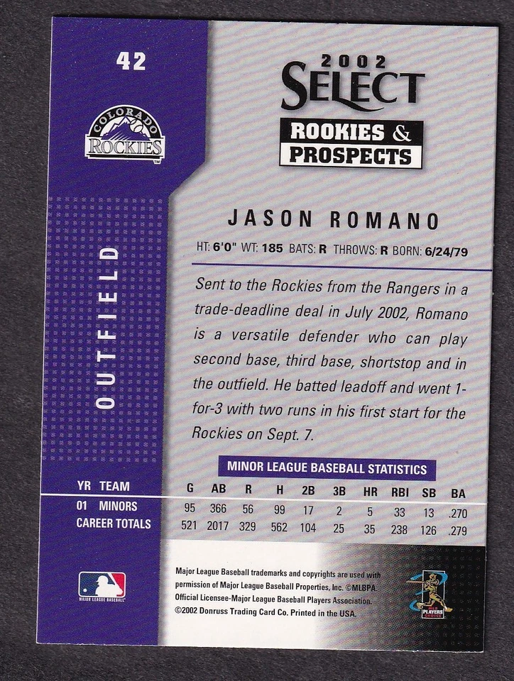 2002 Donruss Select rookies baseball card 42 Rockies Jason Romano signed - Image 2 of 2