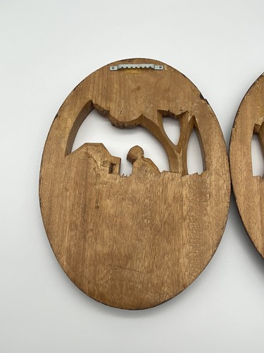Southeast Asia Wood Art Plaques Village Scene Daily life Oval Pair/Set Vintage - Picture 19 of 19