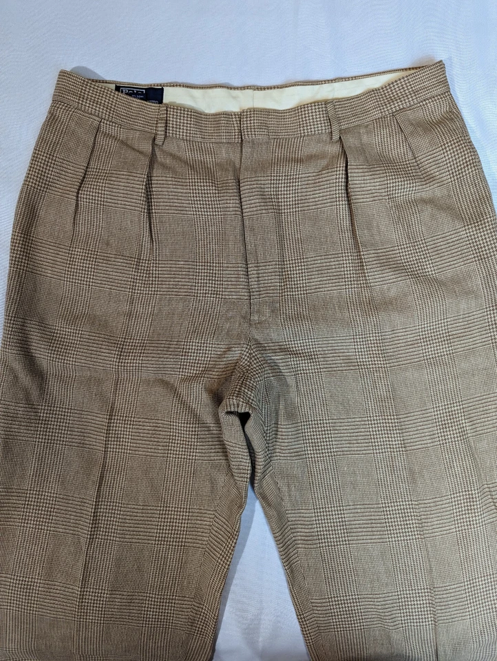Pantalones de vestir de lino vintage años 90 Polo Ralph Lauren para hombre 40 plisados beige pata de gallo Foto 3 de 4