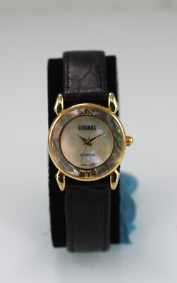 Gitano Damenuhr Quarz MOP Gold Edelstahl Lederarmband WR Schwarz Rund 25 mm