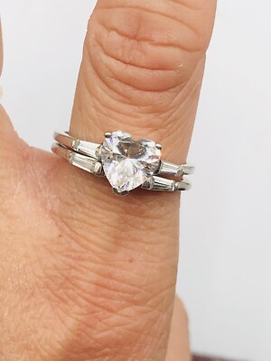 Vtg 925 Sterling Silver Clear Glass Rhinestones Heart Engaged Ring Set Sz 9.25