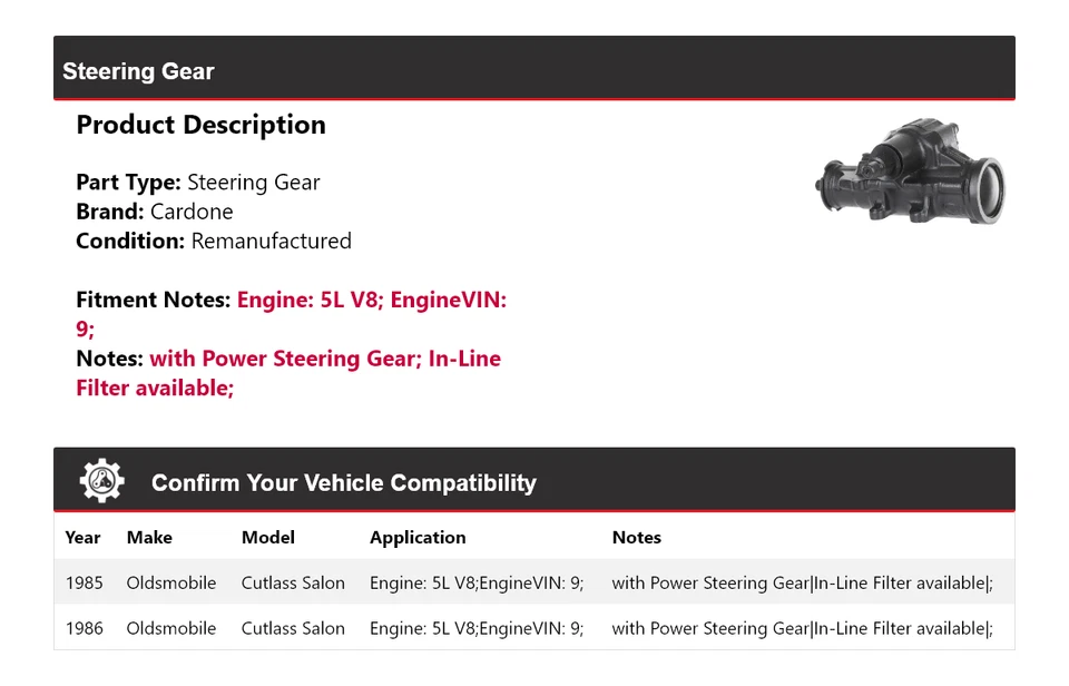 Para Oldsmobile Cutlass Salon 1985-1986 5L V8 engranaje de dirección cardone Foto 2 de 4