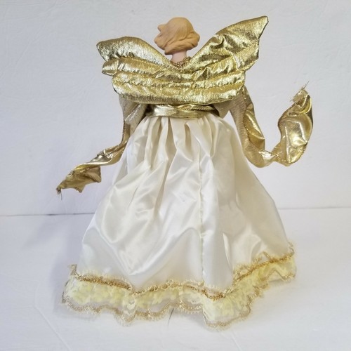 10" Angel Tree Topper Ceramic Head Blonde Gold Wings Dress Lace Holiday Ornament - Picture 3 of 8