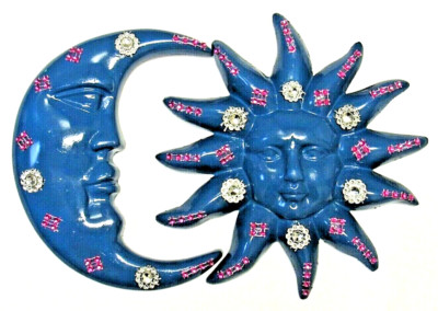 Mexican Pottery Blue with Embellishments Sun Moon  Eclipse Wall Set of 2