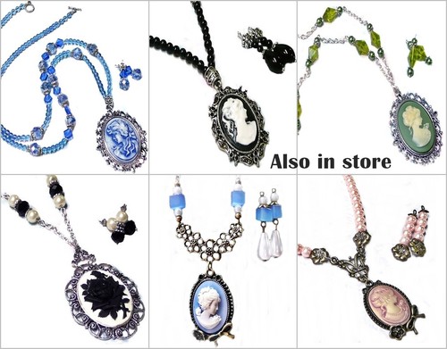 Blue Cameo and bow necklace with optional earrings bronze or silver - Bild 3 von 5