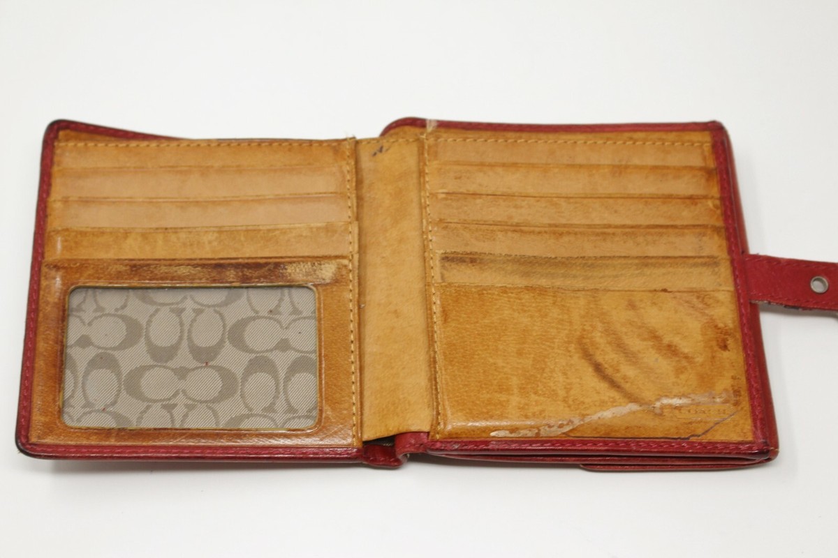 Vintage COACH Red Leather Wallet Silver Snap Buckle Bi-Fold