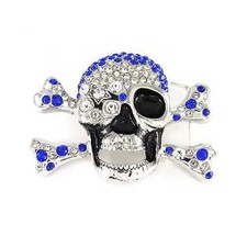 Skeleton Skull Cross Bones Blue  Clear Crystal Rhinestones Fashion Belt Buckle