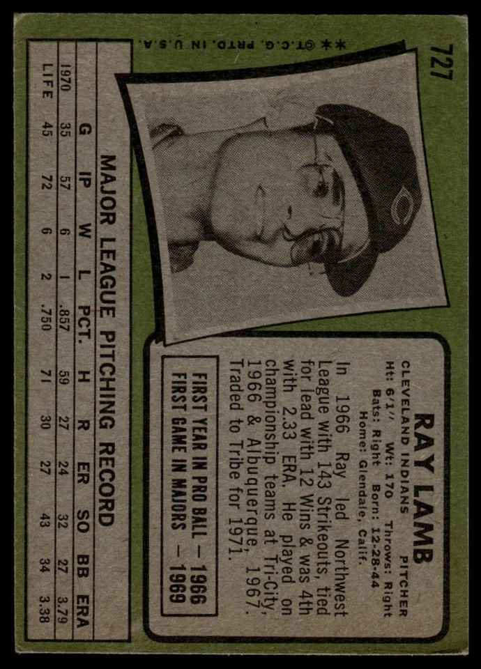 1971 Topps #727 Ray Lamb - Image 2 of 2