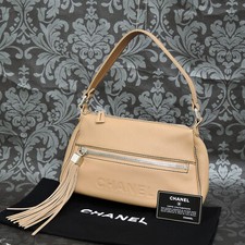 CHANEL Calf Skin Leather Beige Fringe Shoulder Bag Handbag #2517 Rise-on