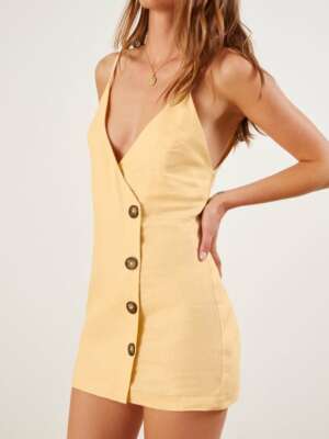 REFORMATION Yellow Linen Button Down Cayman V-Neck Mini Flirty Dress M 6/8  NEW | eBay