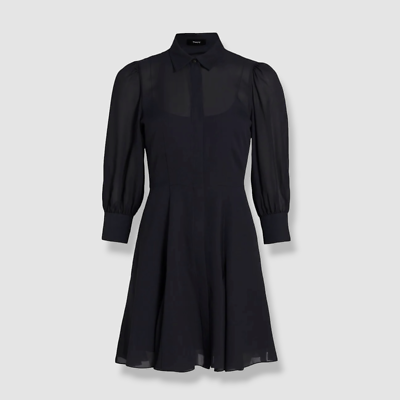 theory silk shirt dress $495 Theory Women's Blue Collared Silk Fit Flare Mini Shirt Dress Size 12