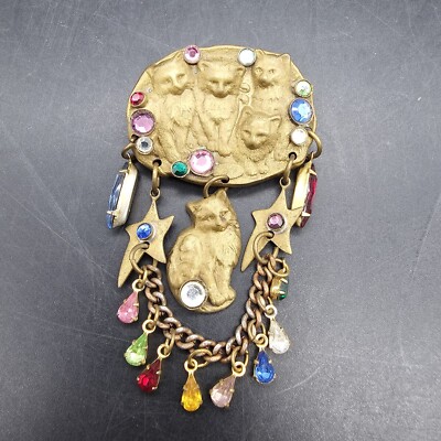 Jack Smile Aged Brass Dangle Cat Brooch Pin