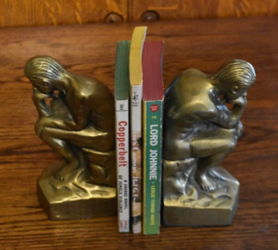 VINTAGE SET OF ART DECO STYLE METAL BOOKENDS ''THE THINKER'' GOLD TONE (Set 2)