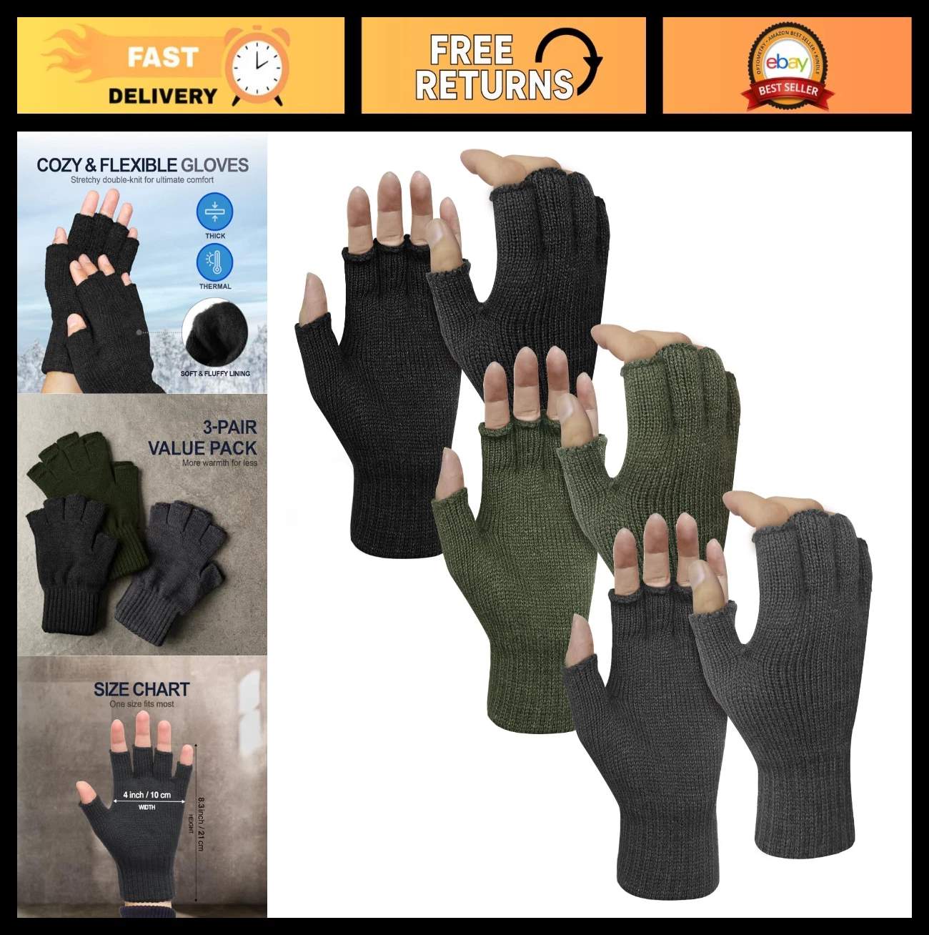 Men's Thermal Winter Touch Screen Gloves, Elastic Cuff, Cold Weather Gear