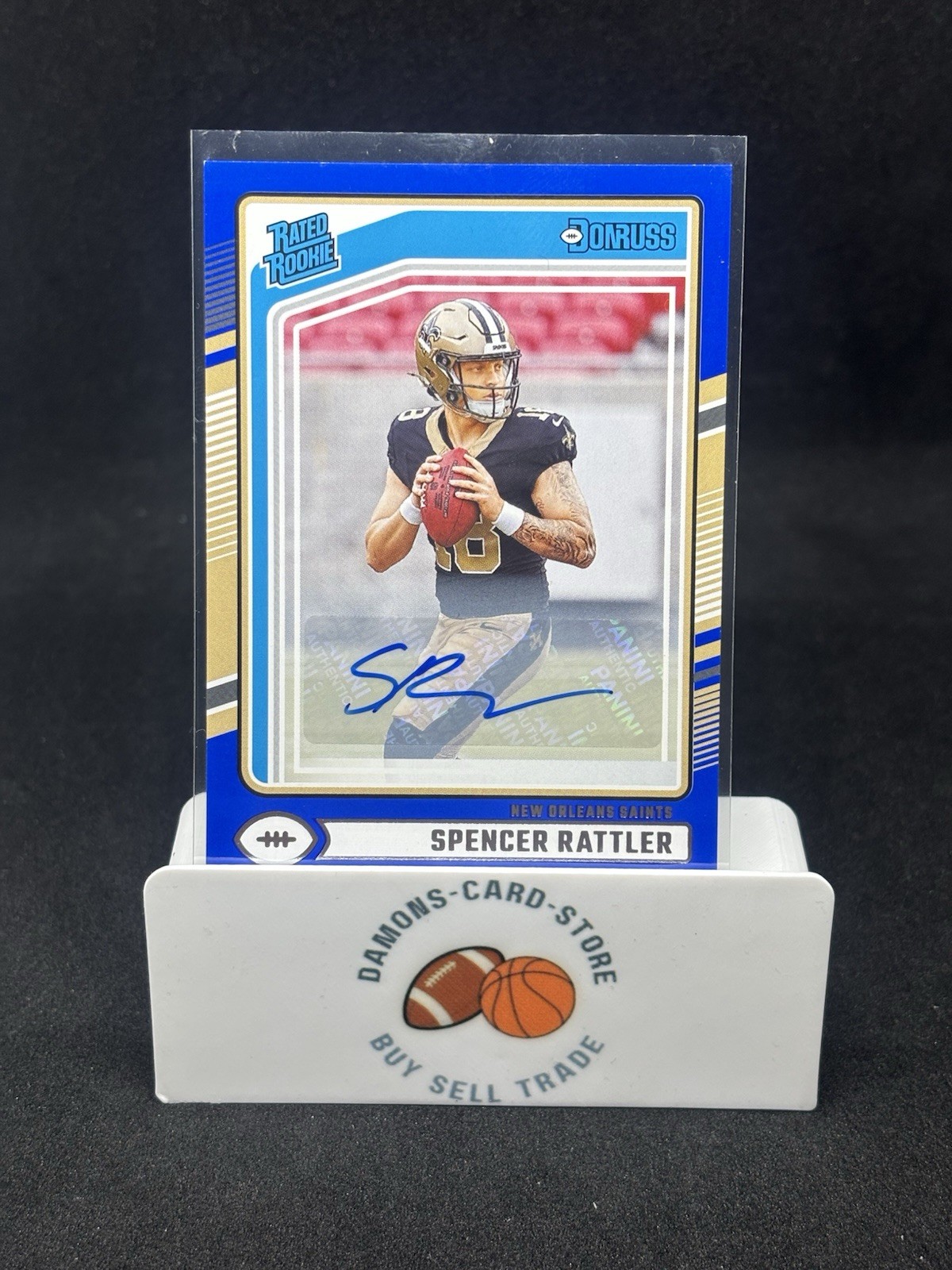 Spencer Rattler 2024 Panini Donruss Rated Rookie Blue Press Proof Auto