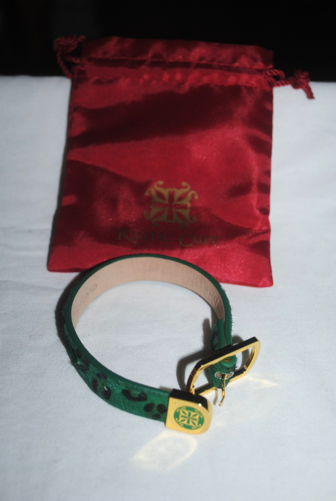 Rustic Cuff bracelet, leather, green leopard patt… - image 1