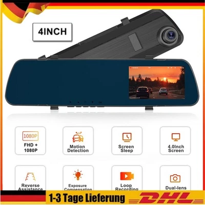 RIMOODY 4" 1080P Spiegel Dash Cam Dual Lens Auto DVR Rückfahrkamera Recorder DE DHL