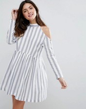 ASOS Cold Shoulder 100 Percent  Cotton Stripe Smock Dress Size 16
