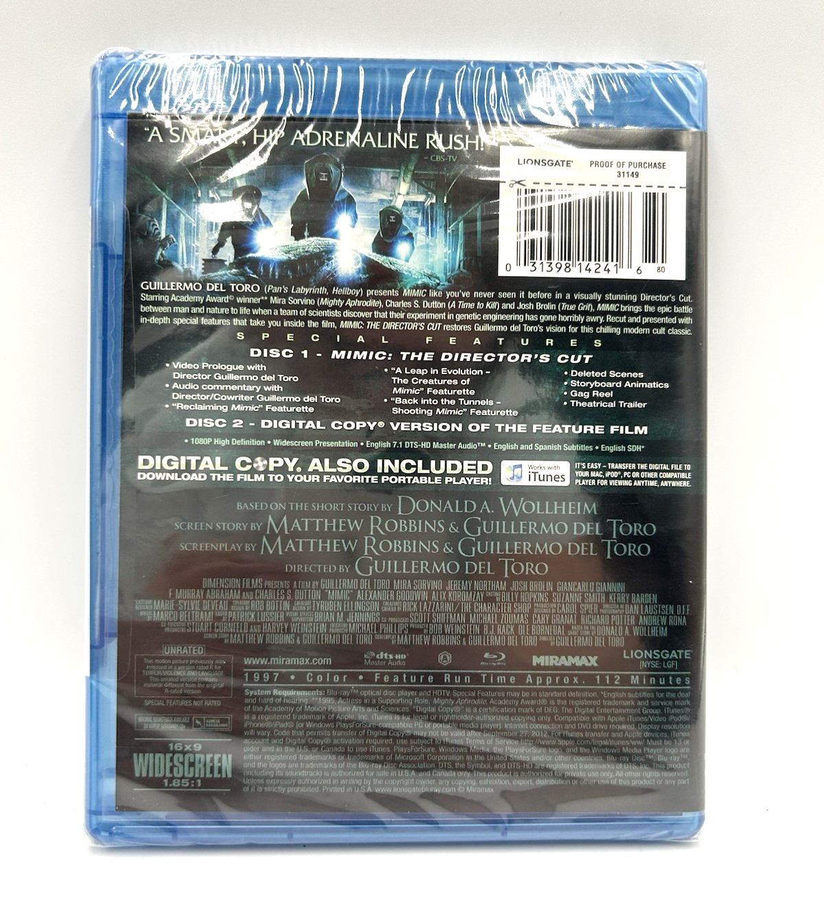 Mimic (Blu-ray) Unrated, FACTORY SEALED Guillermo Del Toro Film