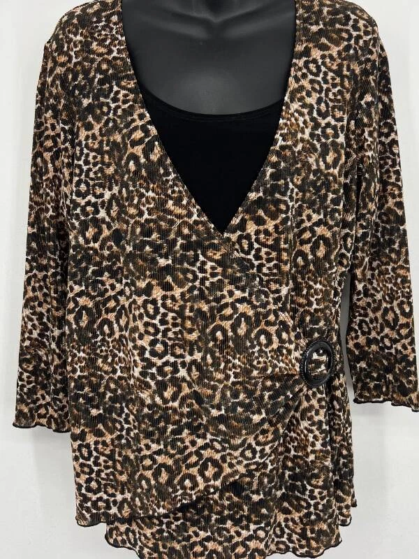 Blusa Notations Feminina Leopardo Marrom Extra Grande Excelente Estado Usado Manga 3/4 Envoltório Falso
