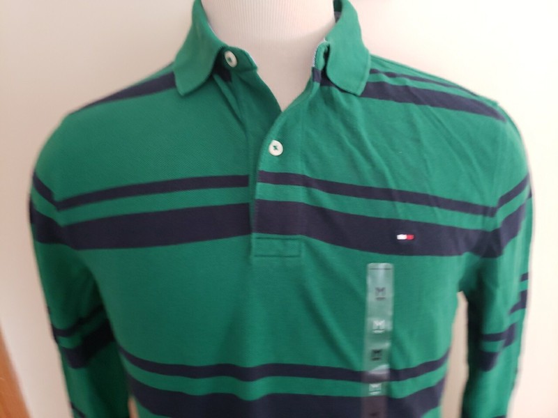 TOMMY Hilfiger NEW MEN’S L/S Green Stripped POLO SHIRT SIZE M