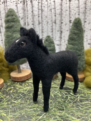Needle Felted Horse, Black Wool Foal, Cute Filly Colt Figure, Farmhouse Decor