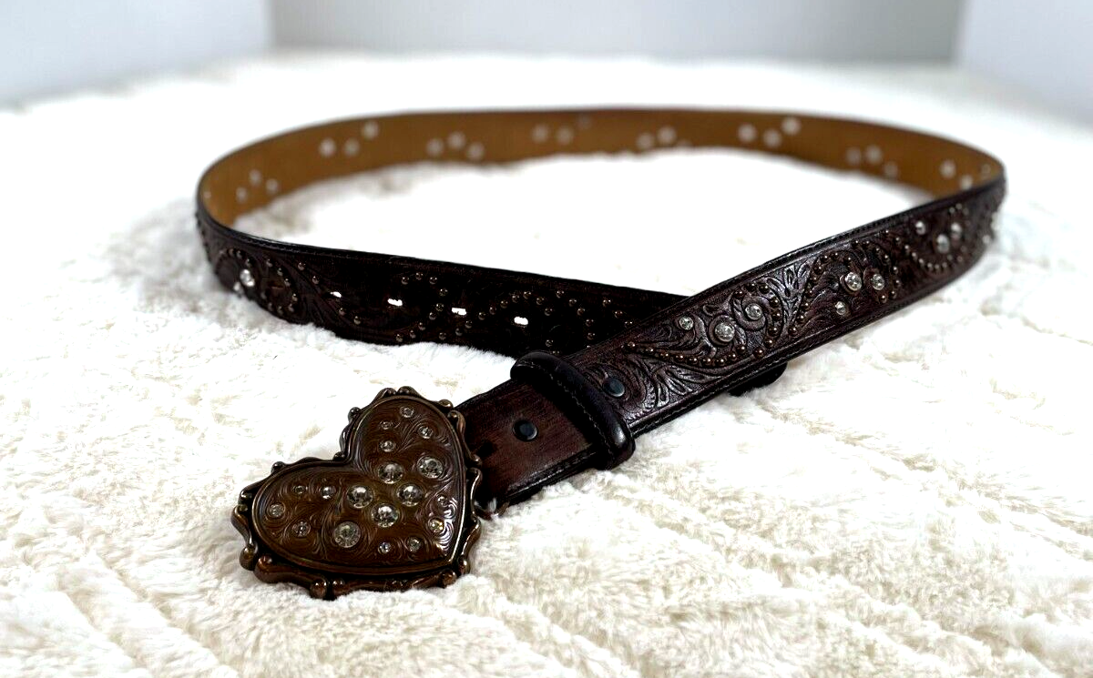 Justin Women's Brown Tooled Leather Belt Heart Rhinestone Sz 38