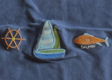 Vintage 2001 Gymboree Blanket Nautical Navy Blue Salmon Fish Sailboat Steer Helm