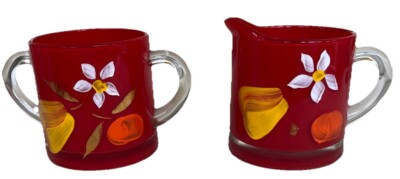 Vintage MCM Red Glass Sugar and Creamer Pear, Peach, & FlowerHand Painted Design
