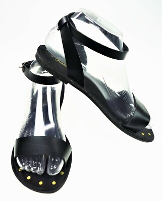Sz 7 Chatties Black Fashion Sandal Strappy Ankle Strap Flats Faux Leather       