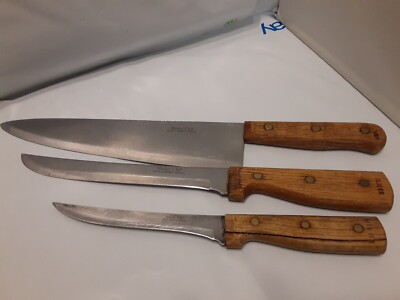 3 Pcs Master Chef  Chef's Knives, Premium High Carbon Steel. Pre-owned Wood Hand