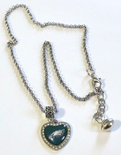 PHILADELPHIA EAGLES STAINLESS STEEL CHAIN CRYSTAL HEART PENDANT NECKLACE 20"  - Picture 1 of 7