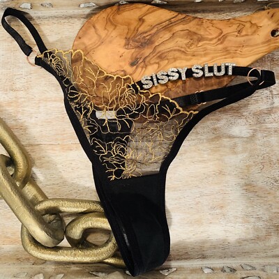 SISSY SLUT Custom Rhinestone Name Phrase Floral Cutout Thong Panty Underwear