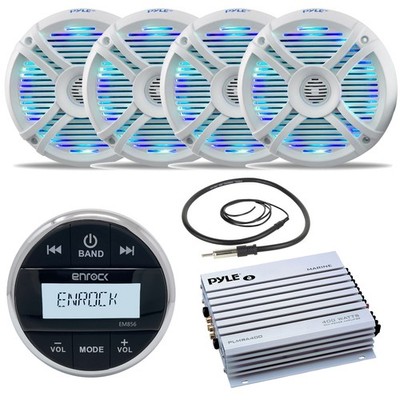 Enrock Bluetooth USB AUX Marine Radio, Antenna, Amp, Multi LED 6.5'' Speakers