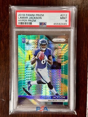 LAMAR JACKSON #212 2018 PANINI PRIZM PRIZM HYPER #8/275 RC PSA 9 JERSEY MATCH