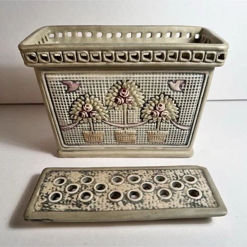 Weller Ceramic Floral Flower Frog Vase Rectangular with Flower Frog