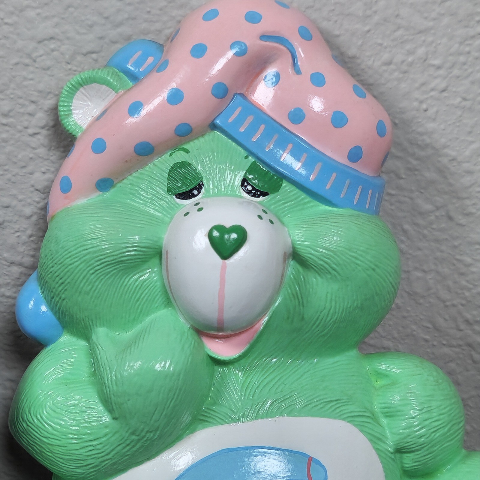 Rare Vintage Ceramic Care Bear Wall Decor Green Sleepy Bear Moon Star 1985 BM
