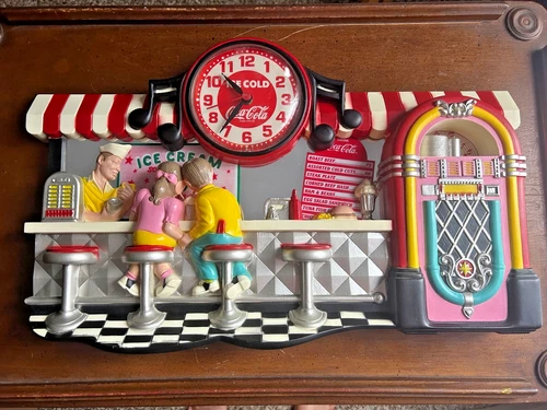 Vintage Burwood 1992 Coca-Cola 1950s Diner Scene Clock Jukebox USA 🇺🇸 Made